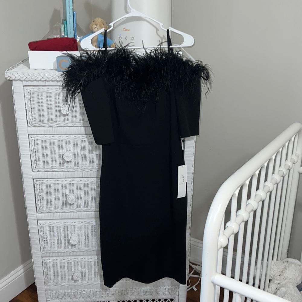 Calvin Klein Black Feather off the shoulder wedding Guest Dress